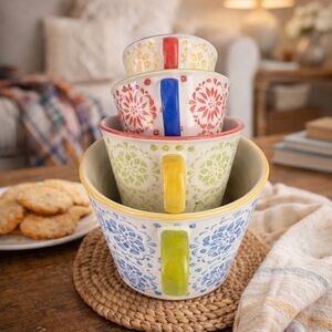 Pier 1 Multicolor Floral Stacked Ceramic Mixing Bowls